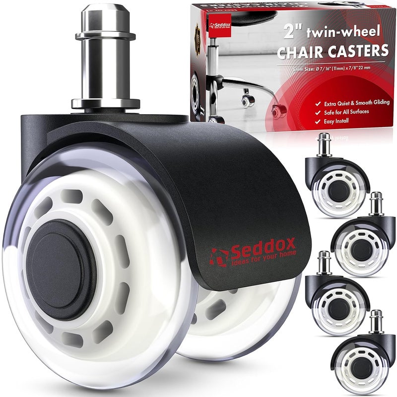 Seddox Office Chair Wheels Replacement Set of 5 - Dual 2 Inch Soft Chair Casters for Hardwood Vinyl Tile - Heavy Duty & Safe for All Floors - Fits 98% of Computer Gaming & Office Chairs - White - Image 1